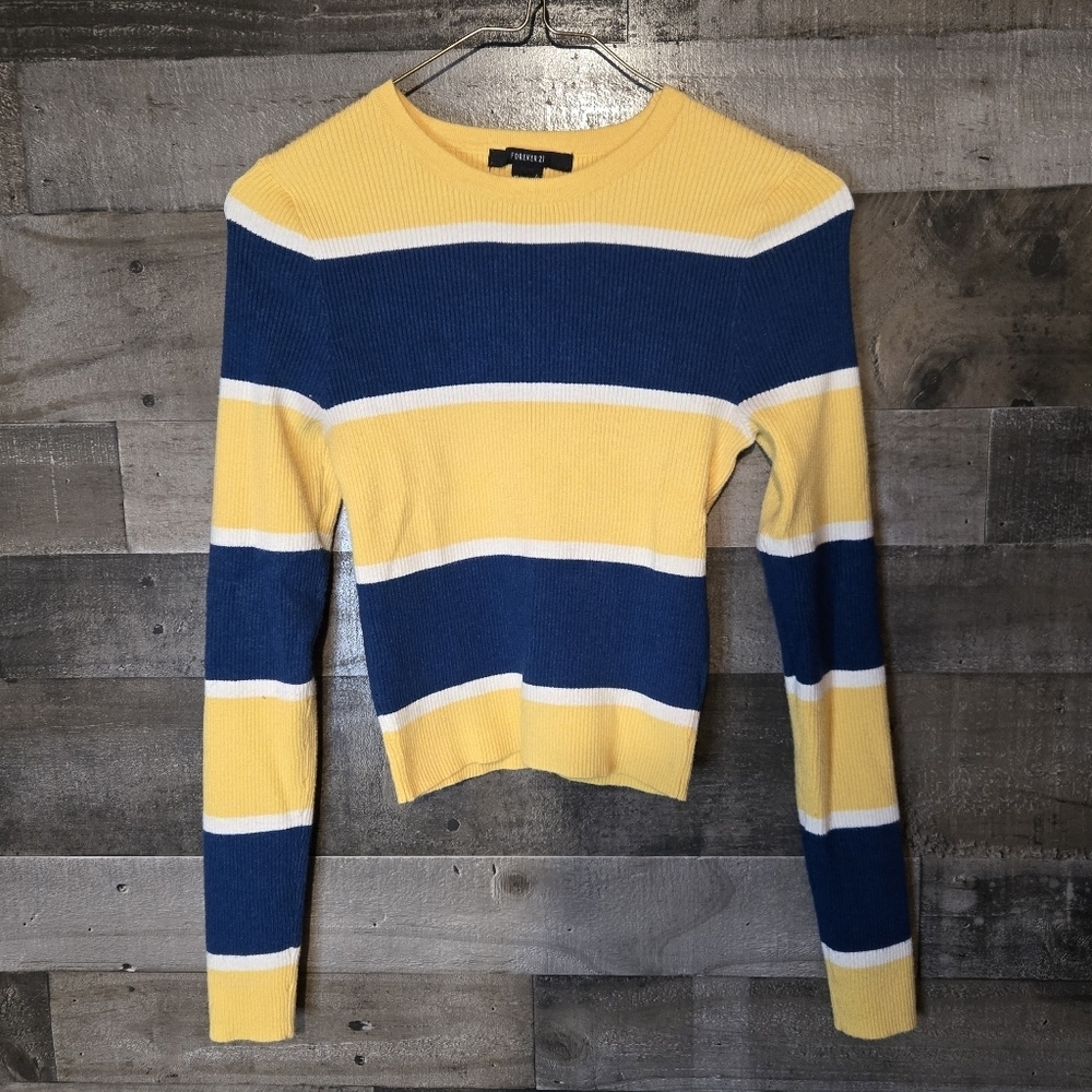 Forever 21 Yellow, Blue & White Striped Ribbed Crew Sweater